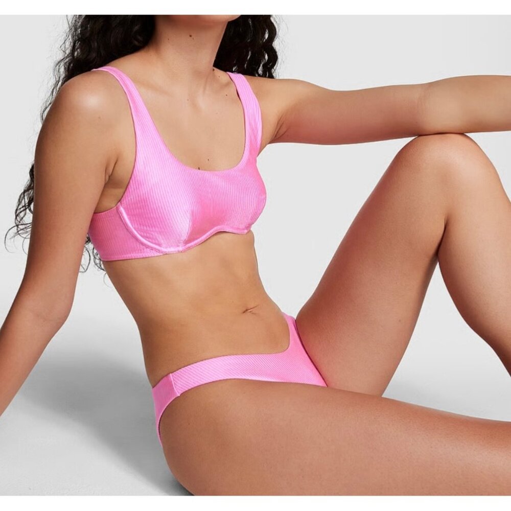 Pink Swim Two Piece Bikini Ribbed  Popsicle Pink S/M